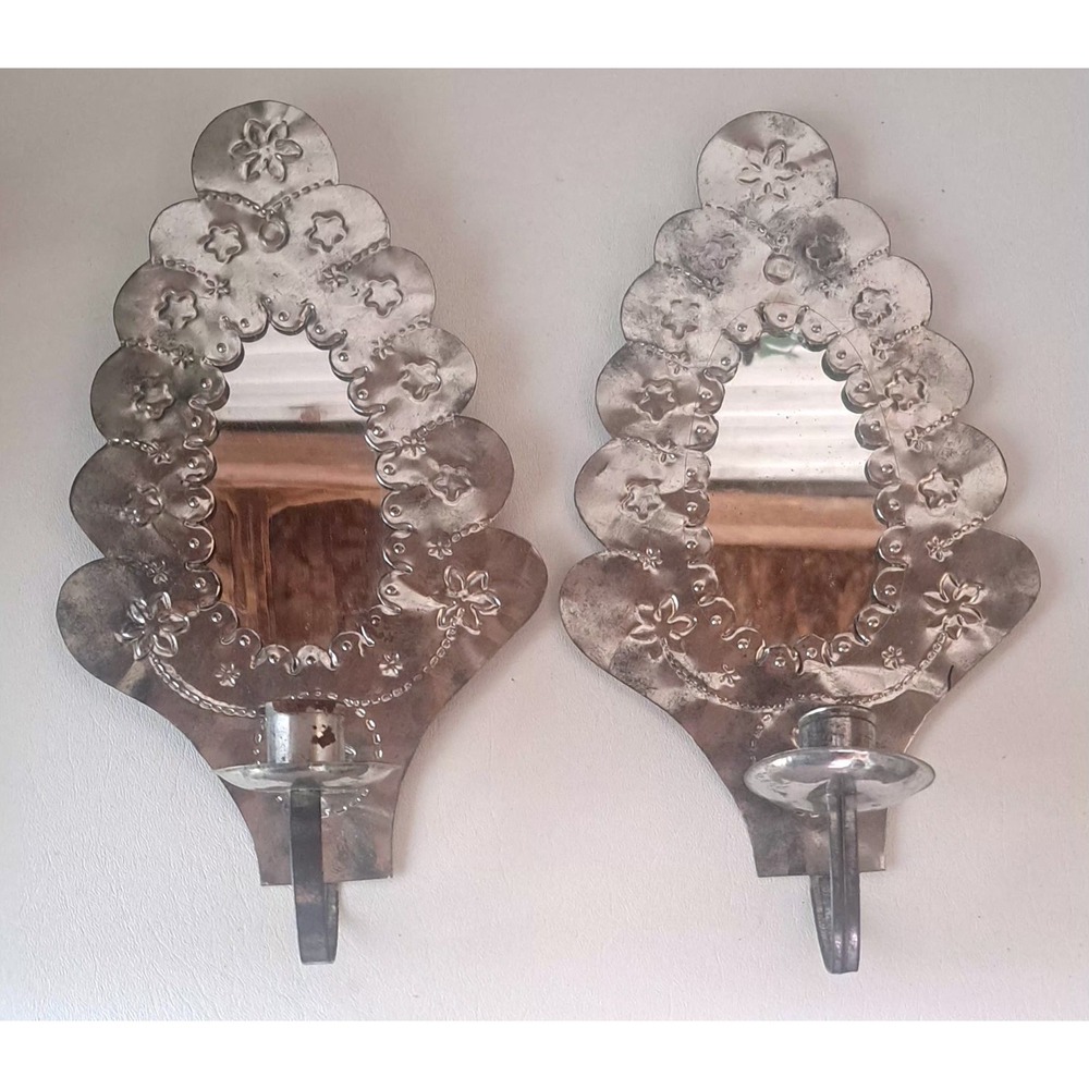 Vintage Mexican Punched Tinwork Sconce Candle Holders- Set Of 2